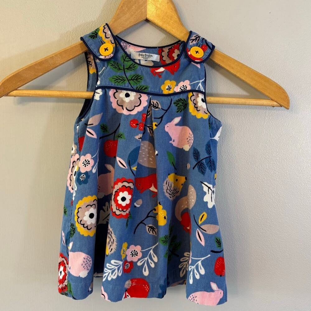 Baby Boden Blue Woodland Animals Corduroy Pinafore Dress 3-6 months